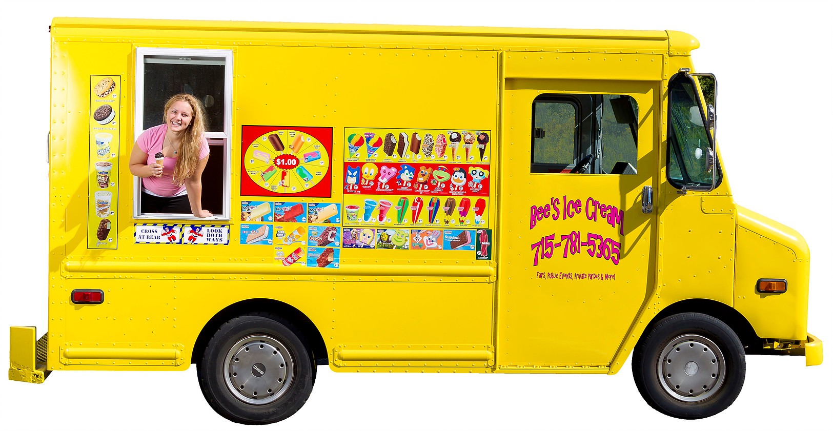 17-year-old girl with blonde hair and a pink shirt, holding an ice cream cone out the window of a yellow ice cream truck.
