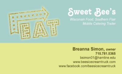 The back of a light blue and green business card for Bee's Ice Cream - incorporating company info and a decorative emblem that says 'Eat'.