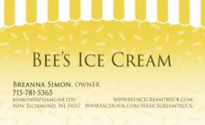 Yellow business card for Bee's Ice Cream, with decorative white sprinkles and contact information.