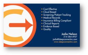 Blue, orange, and white business card with company logo and information for Sleep Connect, Inc.