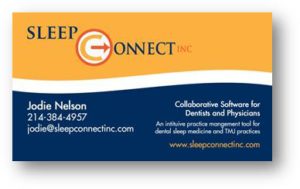 Blue, orange, and white business card that shows the company logo, name, and information for Sleep Connect, Inc. - a company specializing in cloud-based software for dentists and physicians.