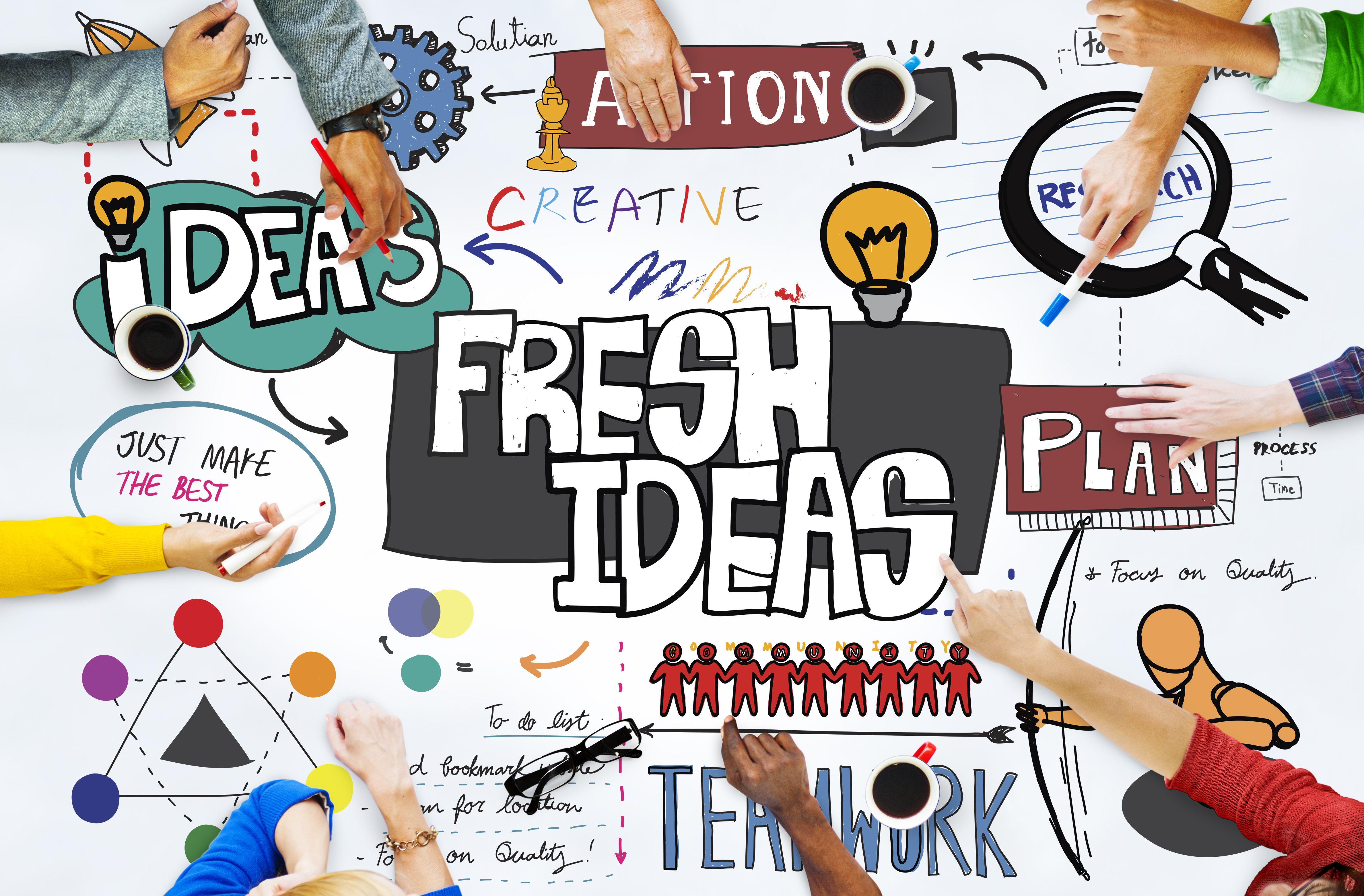 A white board surrounded by different sets of hands incorporates various drawings and phrases to portray the ideas of a creative office team, such as a light-bulb, magnifying glass, colorful diagrams, along with words like teamwork, fresh ideas, and plan.