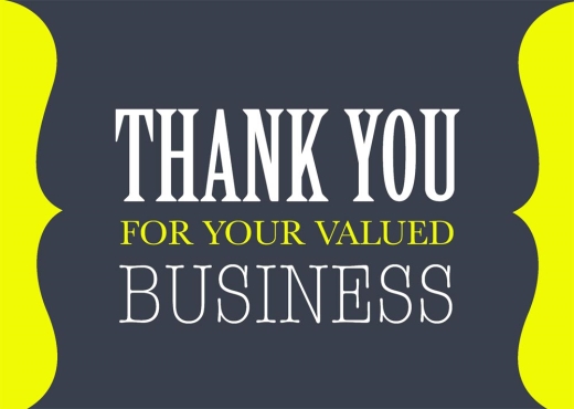 Gray-blue card with undulating neon yellow swirls on the left and right and the words 'Thank You For Your Valued Business' written in white and neon yellow letters.