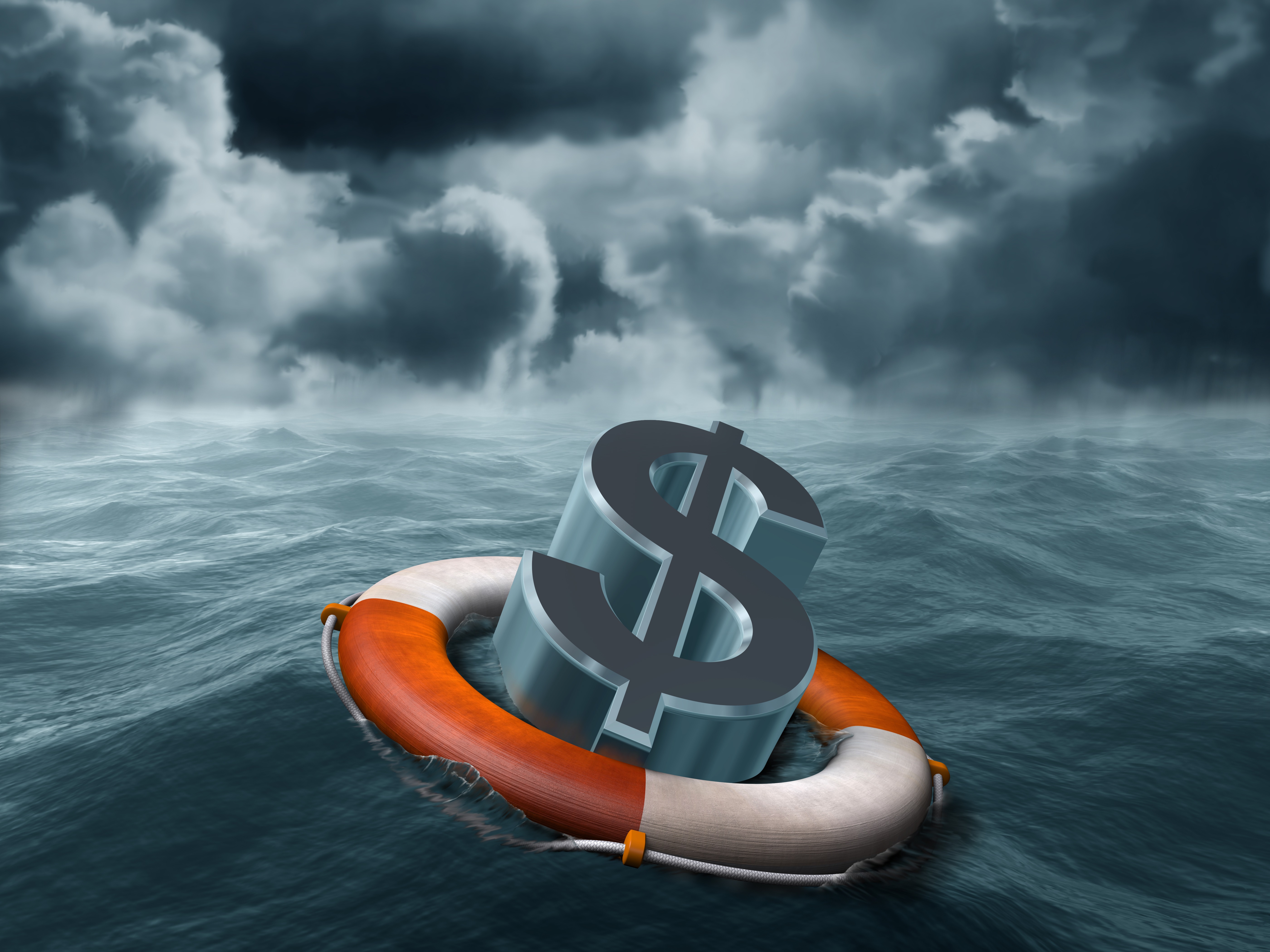 A steel gray dollar sign, accented with air force blue, floats on a weathered orange and white life raft amidst troubled waters with the stormy sky above.