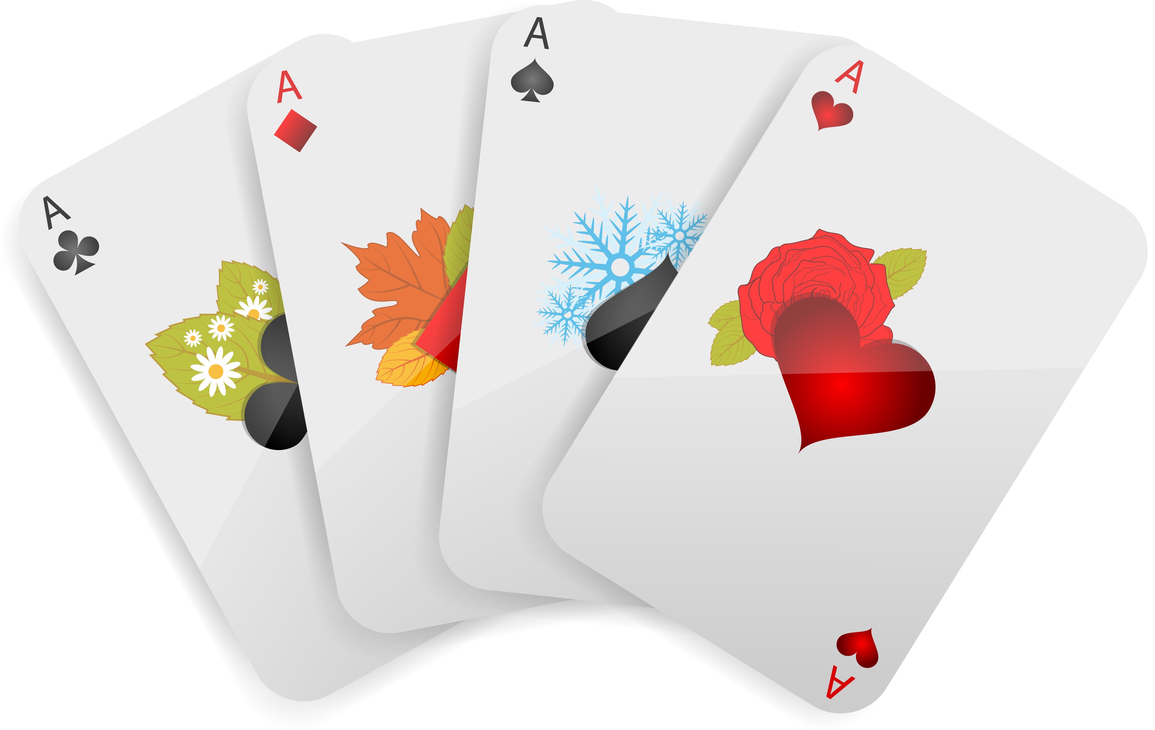 Four aces are decorated with seasonal foliage. The ace of clubs represents spring with fresh leaves and white flowers. The ace of diamonds represents autumn with a grouping of leaves in green, orange, yellow, and red. The ace of spades represents winter with icy blue snowflakes. The ace of hearts represents summer with a red rose.