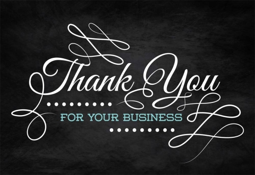 'Thank You • For Your Business' is written against a chalkboard background in stylized white and teal fonts.
