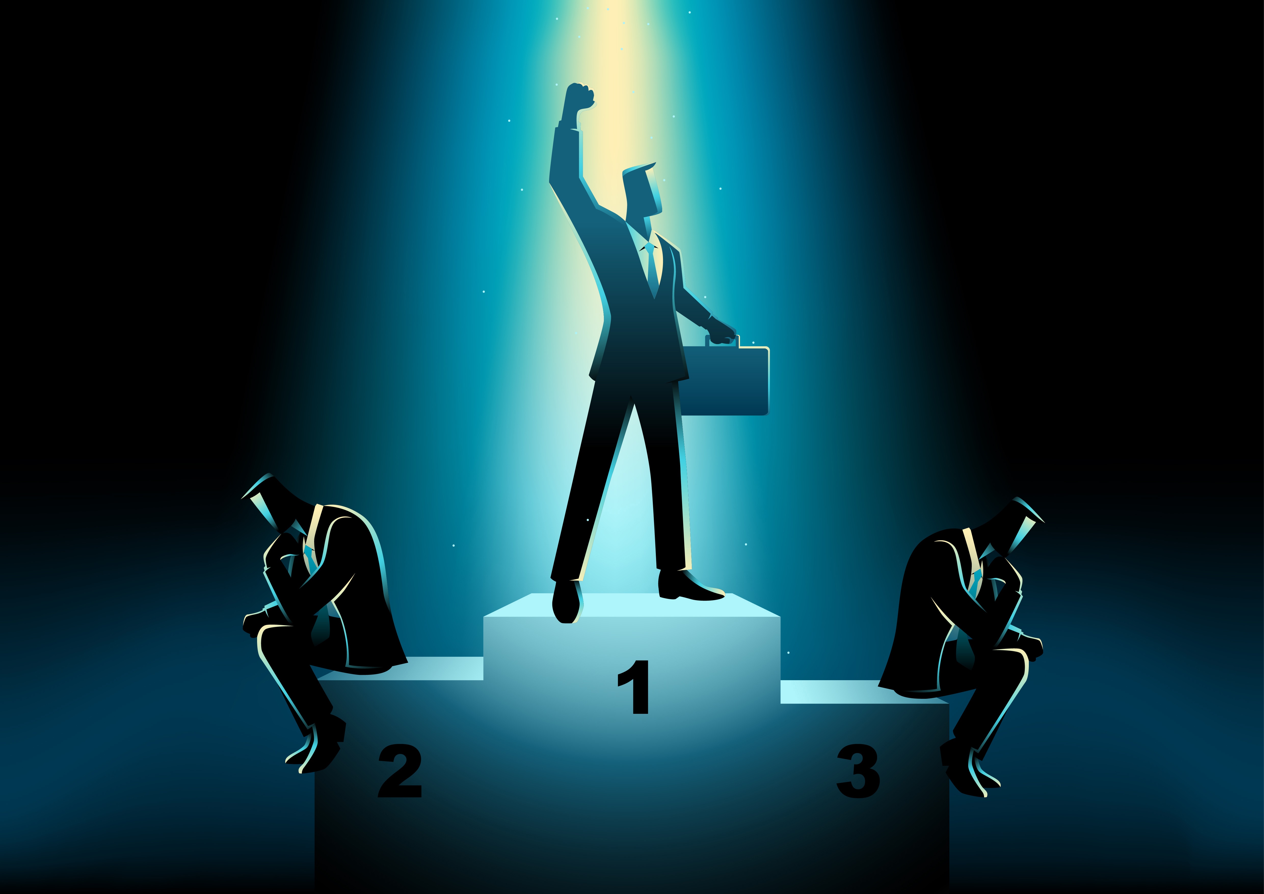 Three faceless cartoon businessmen on a podium. The second and third place contestants sit sullen with their chins on their fists, while the first place winner stands tall with his fist in the air. 