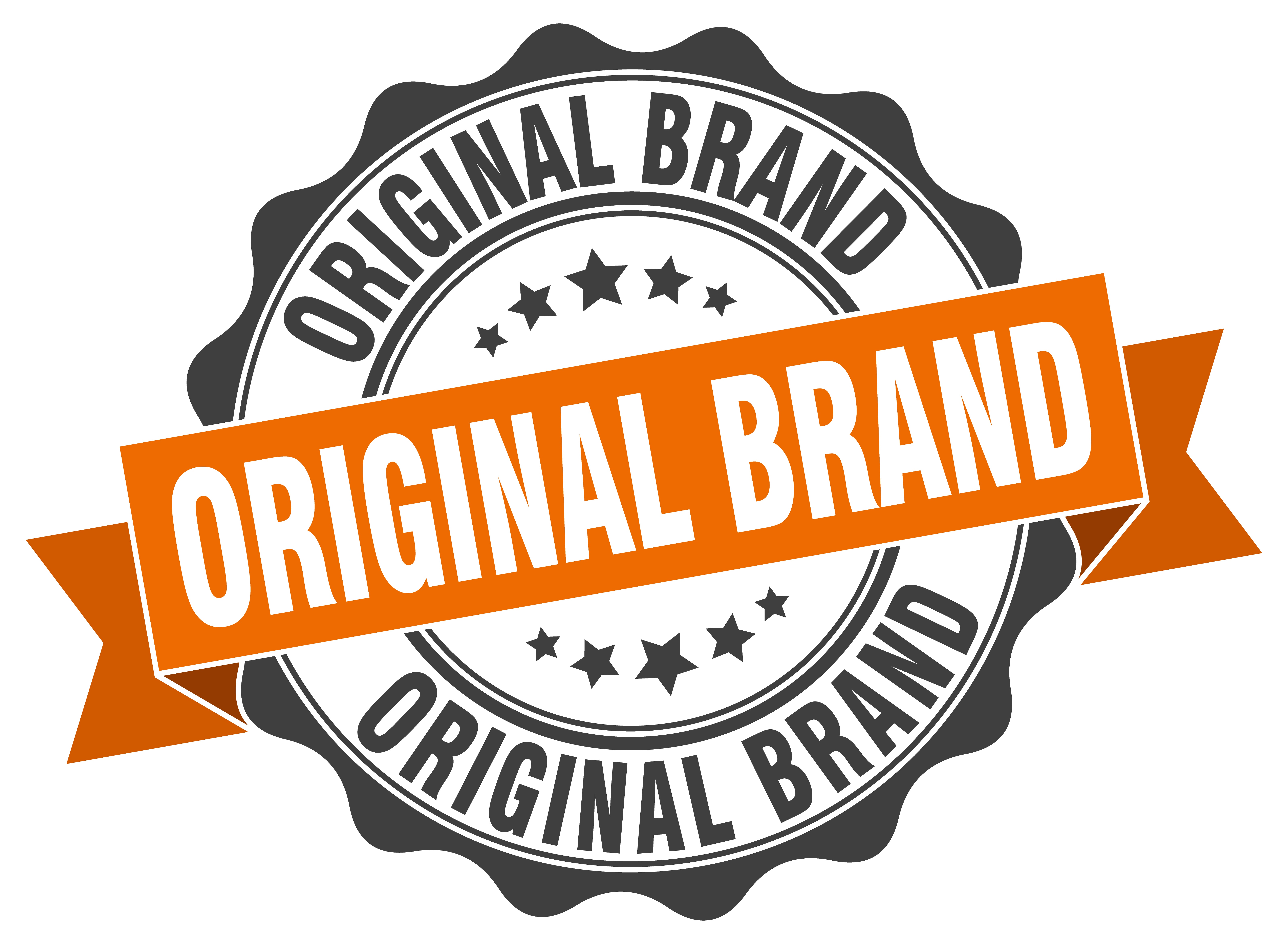 A circular sign that repeats the words 'Original Brand' three times. The words are written in gray and white, an orange banner flies across the center, there are two groupings of gray stars.