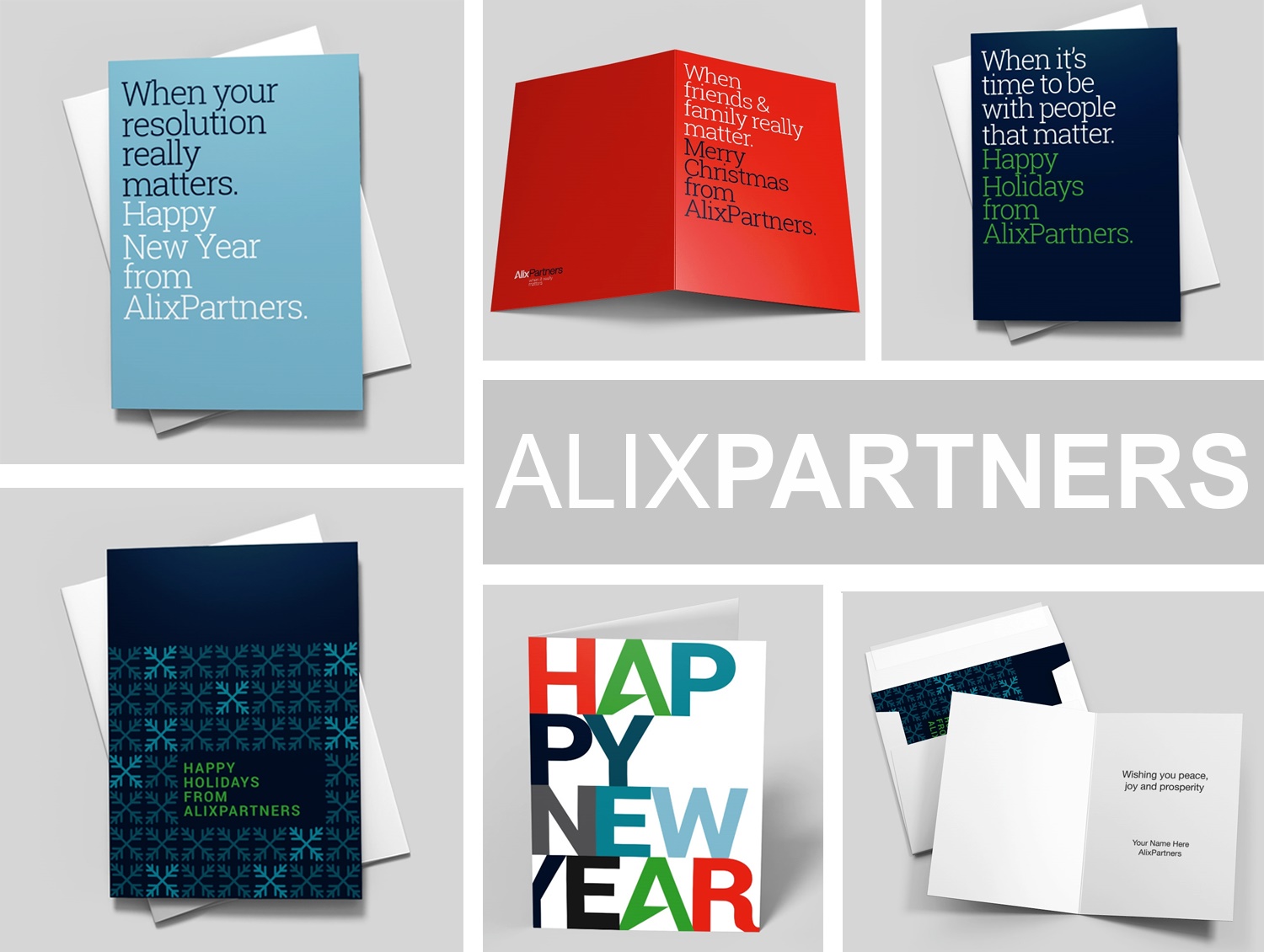 An arrangement of colorful greeting cards displayed in 6 different blocks, designed by Alix Partners and sold by CardsDirect.