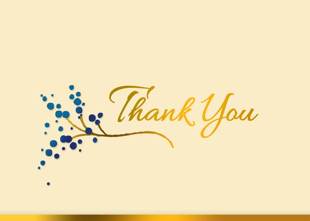 The words 'Thank You' are written in gold against a pink-beige background and right above a small golden branch with blue berries. 
