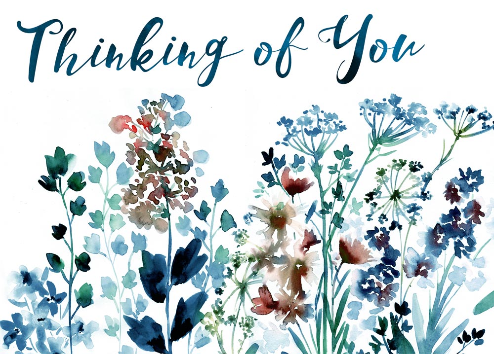 Watercolor drawings of wildflowers in stunning tones of brown, red, blue, and green are beneath the words 'Thinking of You' in a blue-green font.