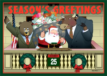 Stock-broker-oriented cartoon where Santa is standing with a bull and bear on Christmas day.