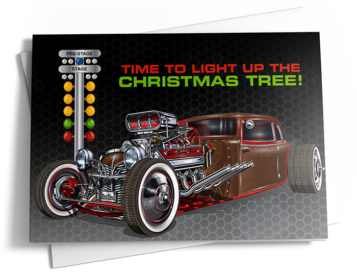A brown and red muscle car is positioned near drag racing lights - the message reads, 'Time to light up the Christmas tree.'