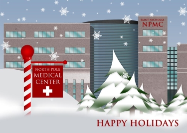 A healthcare-oriented greeting where a medical center is stationed at the North Pole.