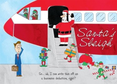 Cartoon where Santa is boarding a plane with his elves.