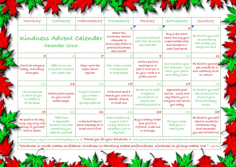 Red and green calendar with leaf border noting nice things to do for other people in the month of December.