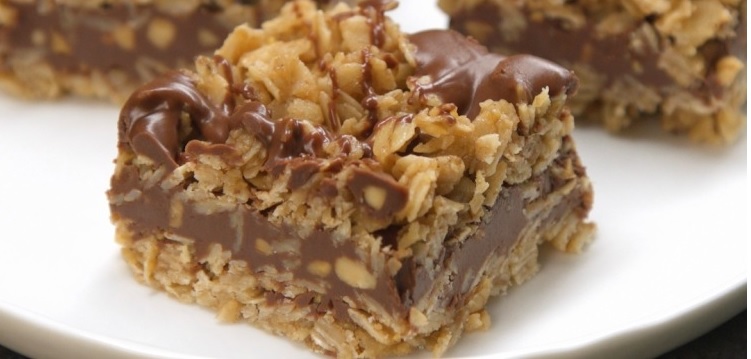 Photograph of easy no-bake chocolate oat bars.