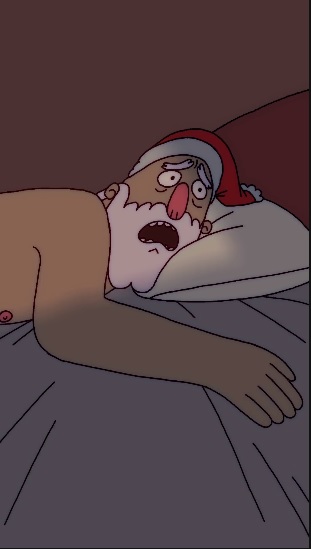 A shirtless Santa wakes up in bed and realizes he is late for work.