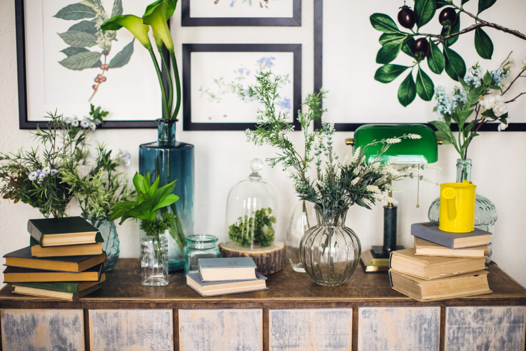 Terrariums, vases, and pots display a wide-range of green plants on a wooden desk with books. Blank frames are displayed on a white wall behind them.