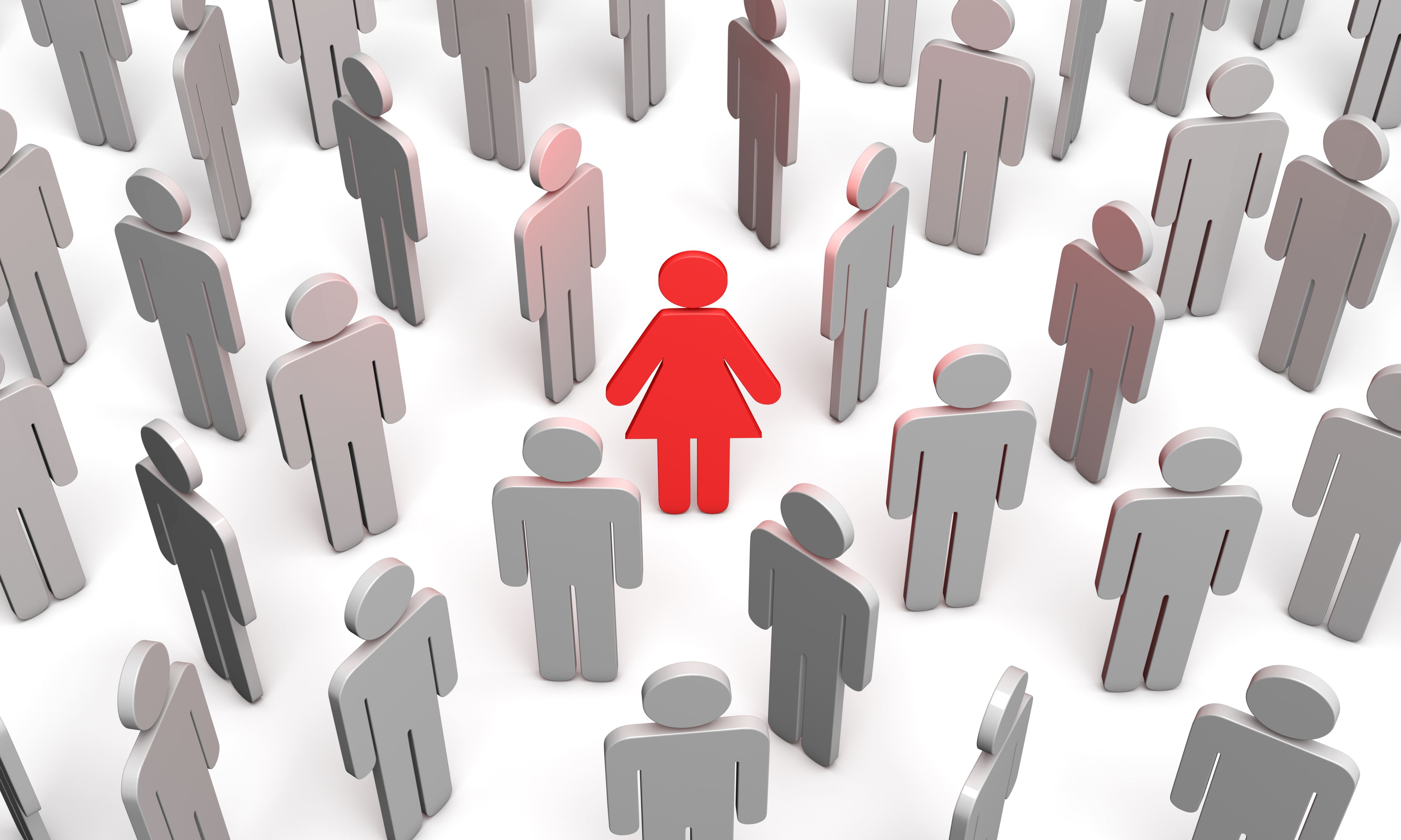 A crowd of gray faceless avatar icons representing male figures surround a red female icon in the middle.
