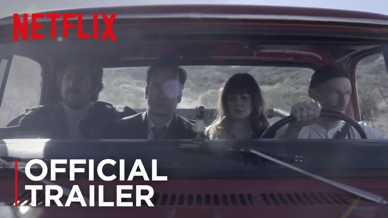 Trailer shot for the Netflix movie Girlfriend's Day. Bob Odenkirk and his co-star Amber Tamblyn ride in a red truck with two ruthless thugs.