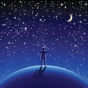 Cartoon silhouette of a man on earth watching the starry sky.
