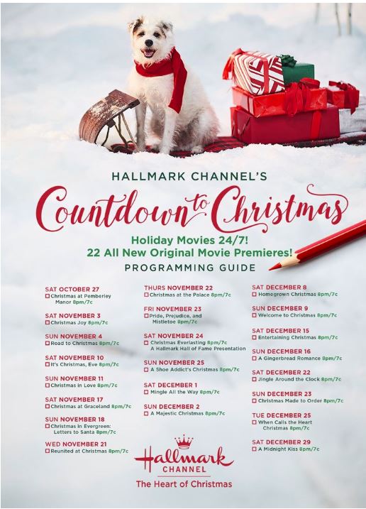 List of 2018 Christmas movies on the Hallmark Channel with a dog at the top outfitted in holiday attire. on a sled with wrapped presents.