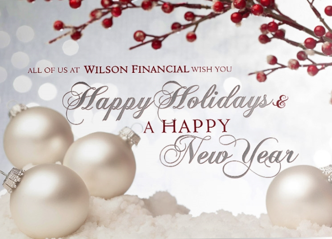 The words ‘Happy Holidays & A Happy New Year’ are written in stylish silver and red scripts against a soft silver background with white boheh lights and red berries. 