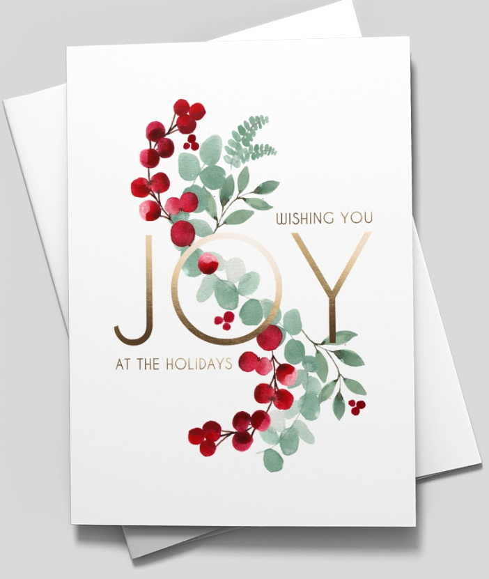 Beautiful pale green leaves that intertwine with vibrant red berries. The text, shown in stylish gold letters, reads 'Wishing You Joy At The Holidays.'