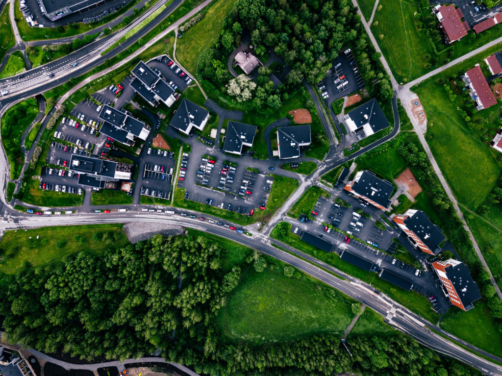 Aerial view of a small town or village in Europe from the drone. Finland countryside in summer.