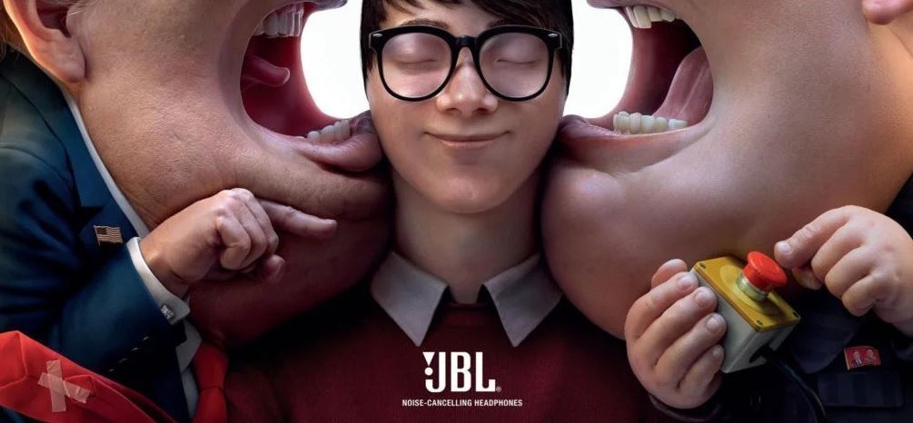 JBL ad where Donald Trump and Kim Jong-un are shouting in a customer's ear.