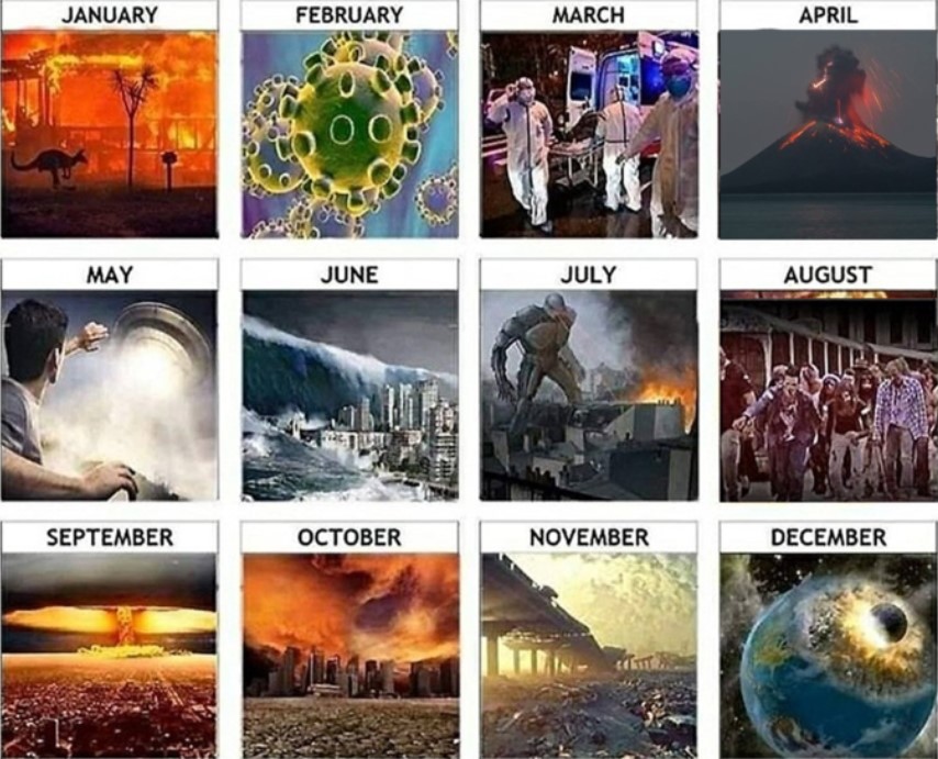 A 2020 calendar with various images depicting the factual and fictional disasters of 2020.