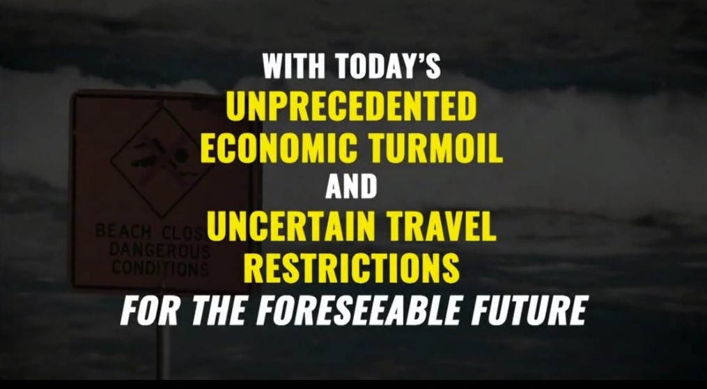 Message about economic turmoil in uncertain times shown in white and yellow text against a black background.