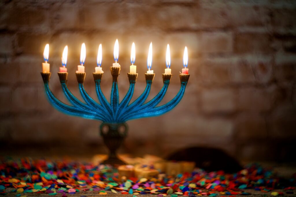 Jewish holiday, Holiday symbol Hanukkah Brightly Glowing Hanukkah Menorah soft focus