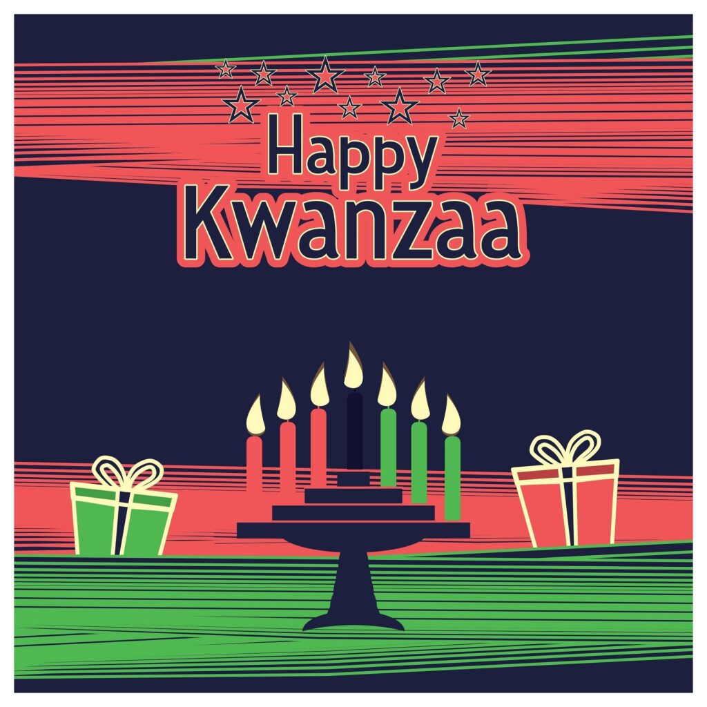 Image of Kwanzaa candles with a message of 'Happy Kwanzaa' and two gifts, all shown in colors of red, black, and green.