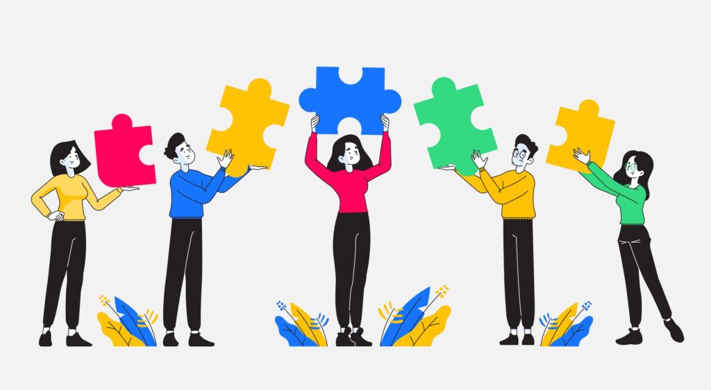 Teamwork, cooperation and partnership. Group of young and stylish people holding colored puzzle pieces on their hand. Business team and diversity concept. Vector illustration