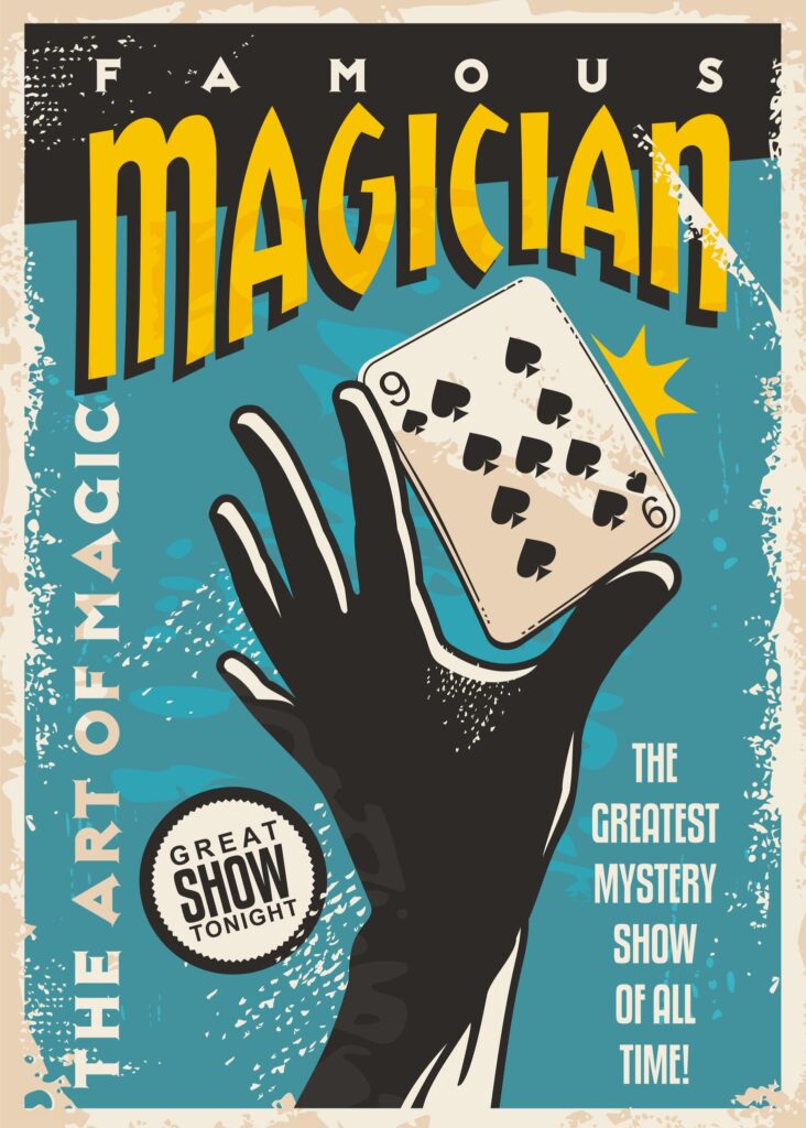 Magician poster design with hand silhouette and playing cards. Magic tricks show retro flyer template on blue background. Vector vintage illustration.