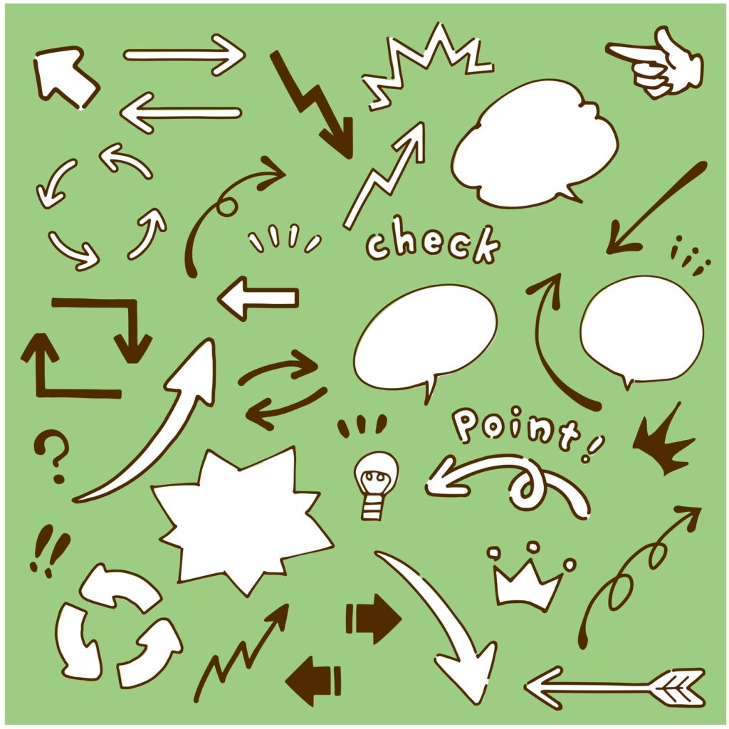 Hand drawn wind arrow and speech bubble illustration set vector