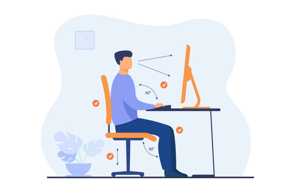 Instruction for correct pose during office work flat vector illustration. Cartoon worker sitting at desk with right posture for healthy back and looking at computer. Health and ergonomics concept