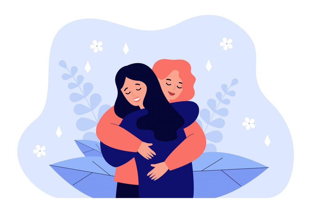 Female friend hug. Women embracing each other, expressing love, affection, support. Vector illustration for friendship, strong relations, support concept
