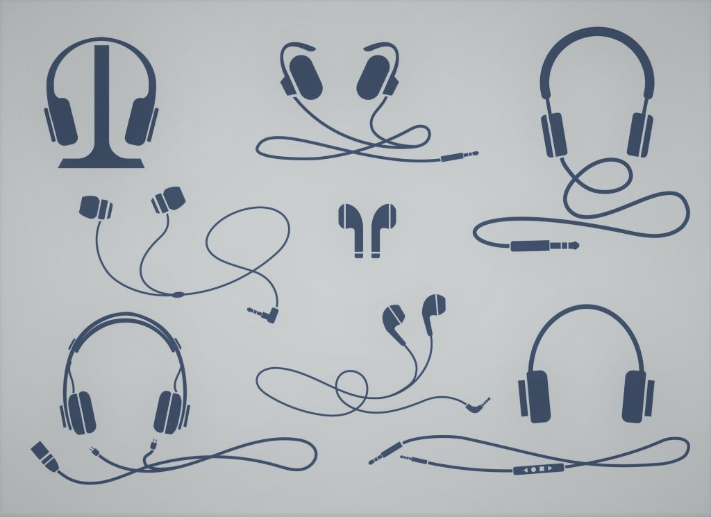 Entertainment earphones equipment. Various headphone types icons, wireless and headset, portable and buds vector illustration