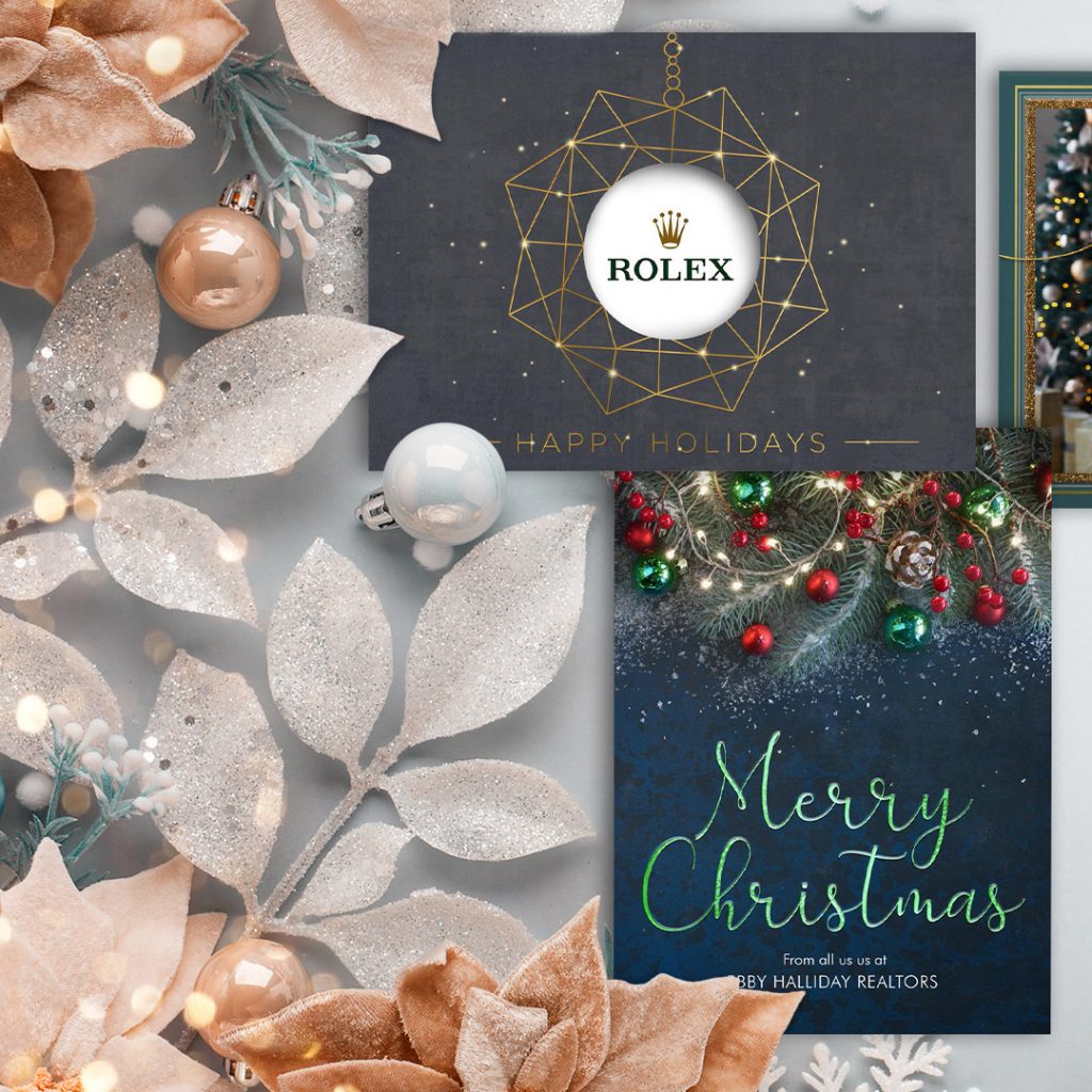 Business Christmas cards on a holiday background.