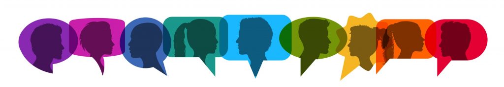 People speech, discussion, meeting, dialogue. Communicate on social networks concept. Silhouette heads people inside speech bubble communicating - stock vector