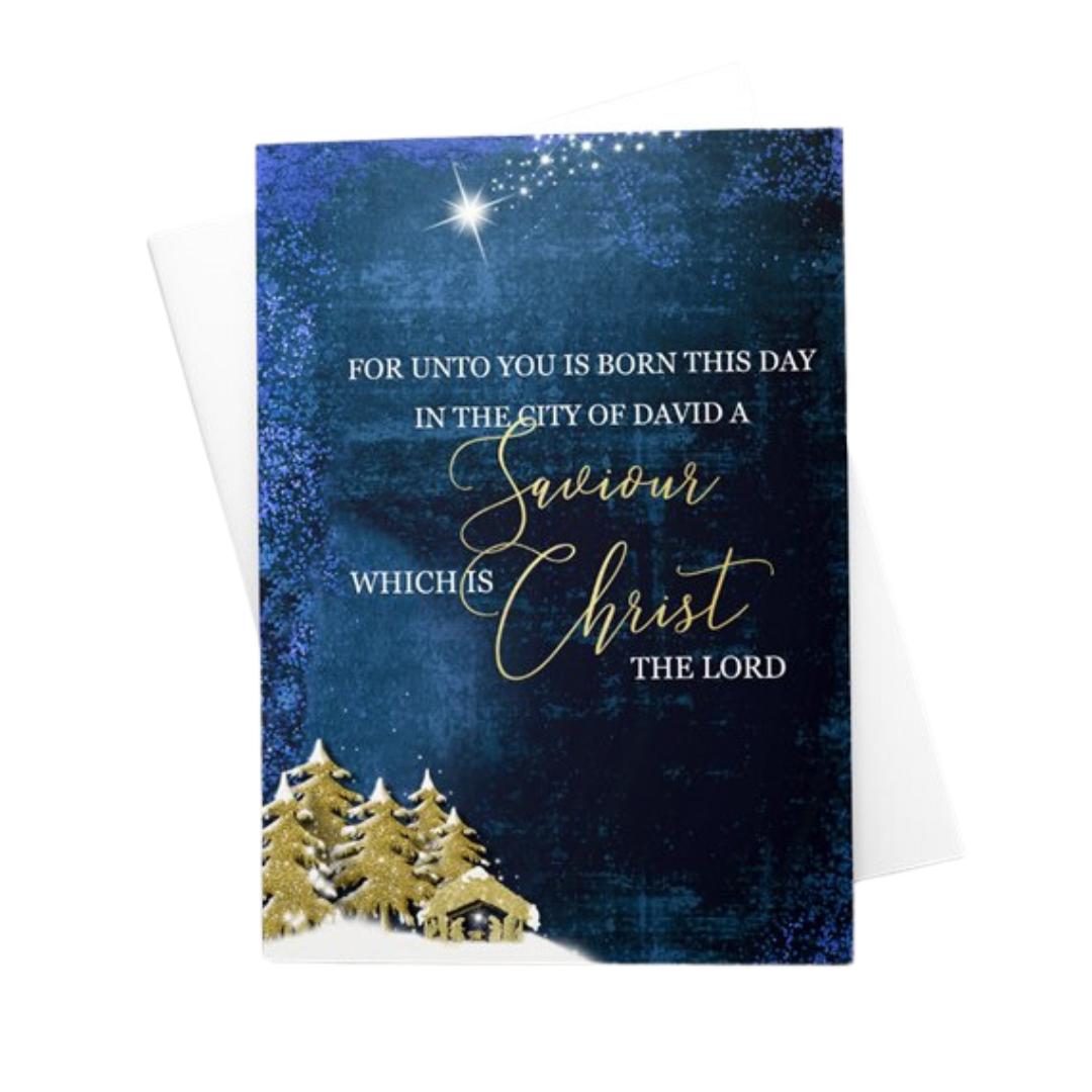 Blue and gold religious Christmas card.