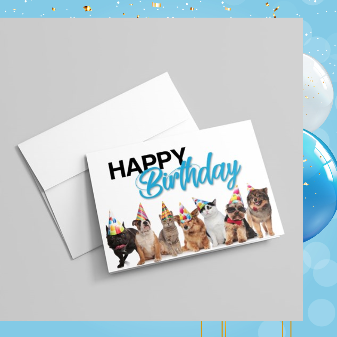 A birthday card with cats and dogs in party hats on a blue and white balloon background.