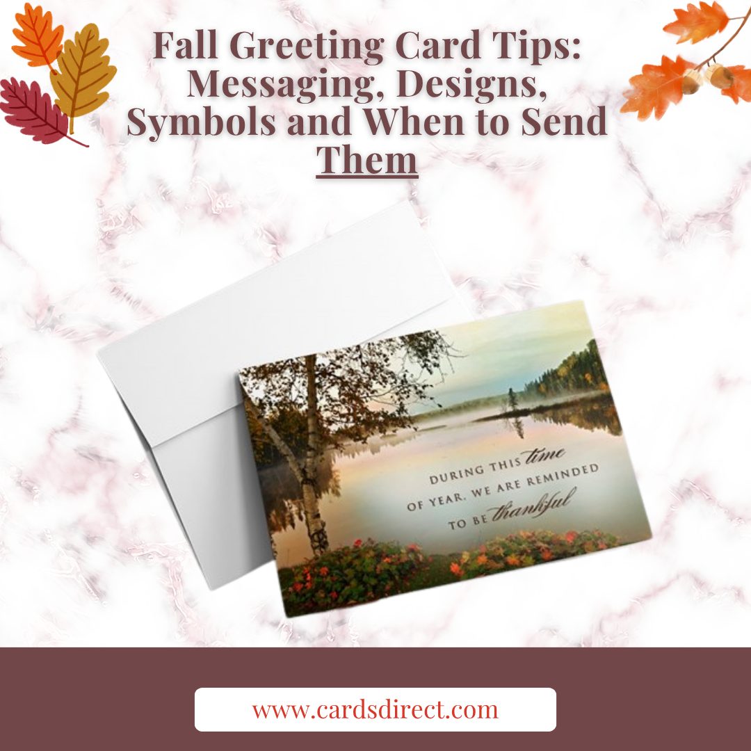 Autumn greeting card on rose gold marble background with a blog title above it about how to choose the perfect autumn card.