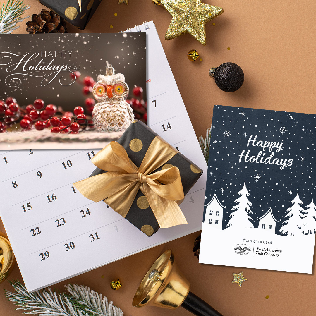 Holiday greeting cards from CardsDirect next to a calendar.
