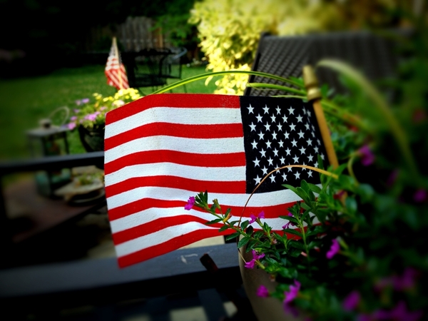 A mini American flag in a planting pot